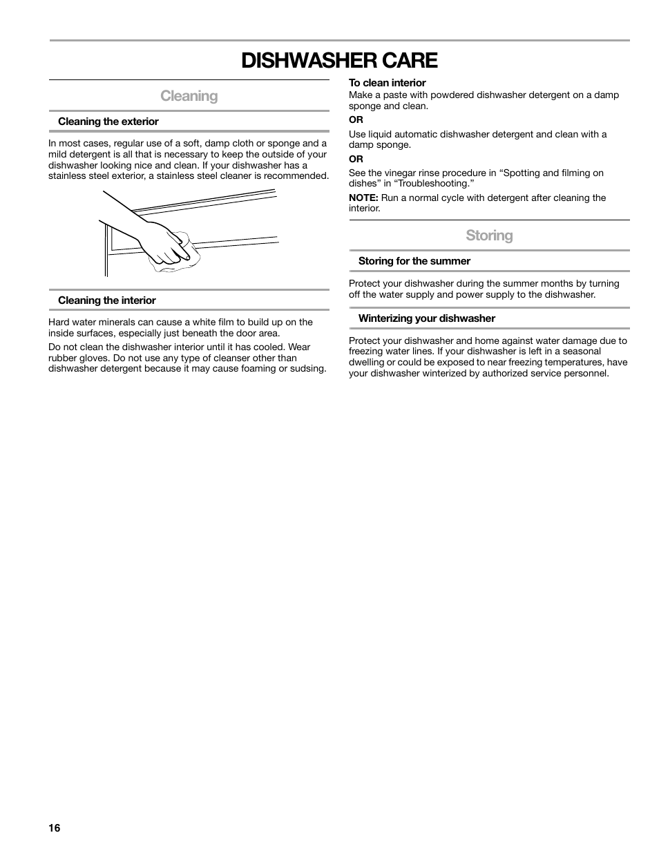 Dishwasher care, Cleaning, Storing | Kenmore 665.177 User Manual | Page 16 / 20