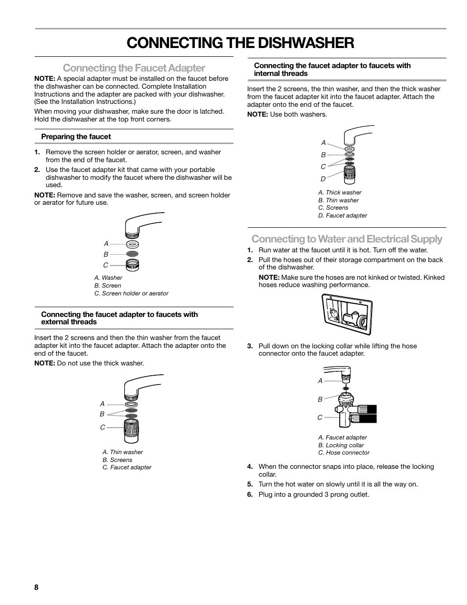 Connecting the dishwasher, Connecting the faucet adapter, Connecting to water and electrical supply | Kenmore 665.177 User Manual | Page 8 / 20