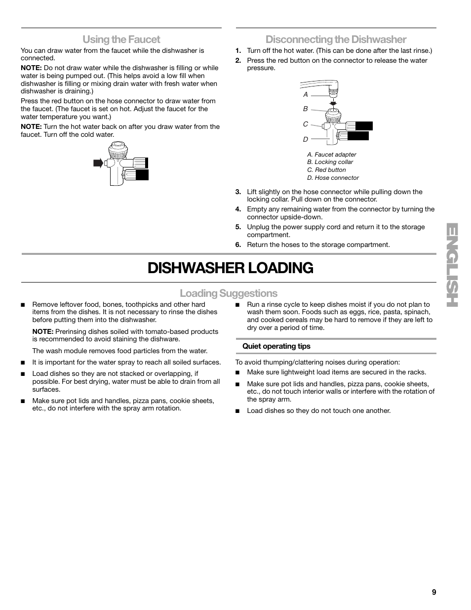 Dishwasher loading, Using the faucet, Disconnecting the dishwasher | Loading suggestions | Kenmore 665.177 User Manual | Page 9 / 20