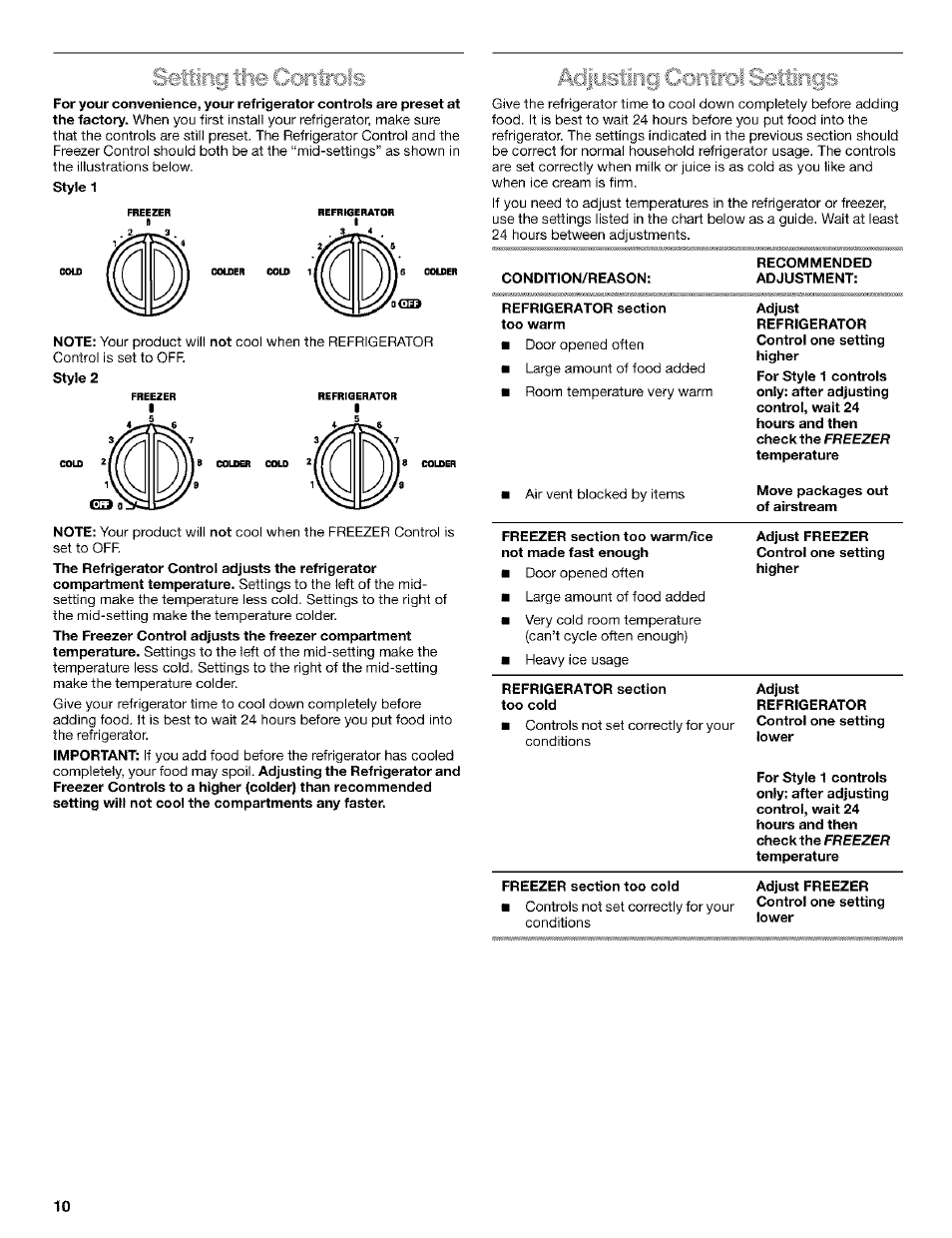 Ac|ostin§ contit)! setings | Kenmore Coldspot 106 User Manual | Page 10 / 76