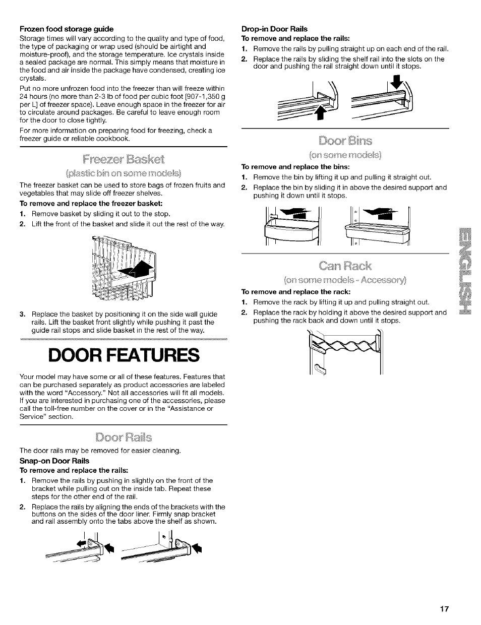 Frozen food storage guide, Drop-in door rails to remove and replace the rails, To remove and replace the rack | Door features, Door bins, Dels} (on some rm | Kenmore Coldspot 106 User Manual | Page 17 / 76