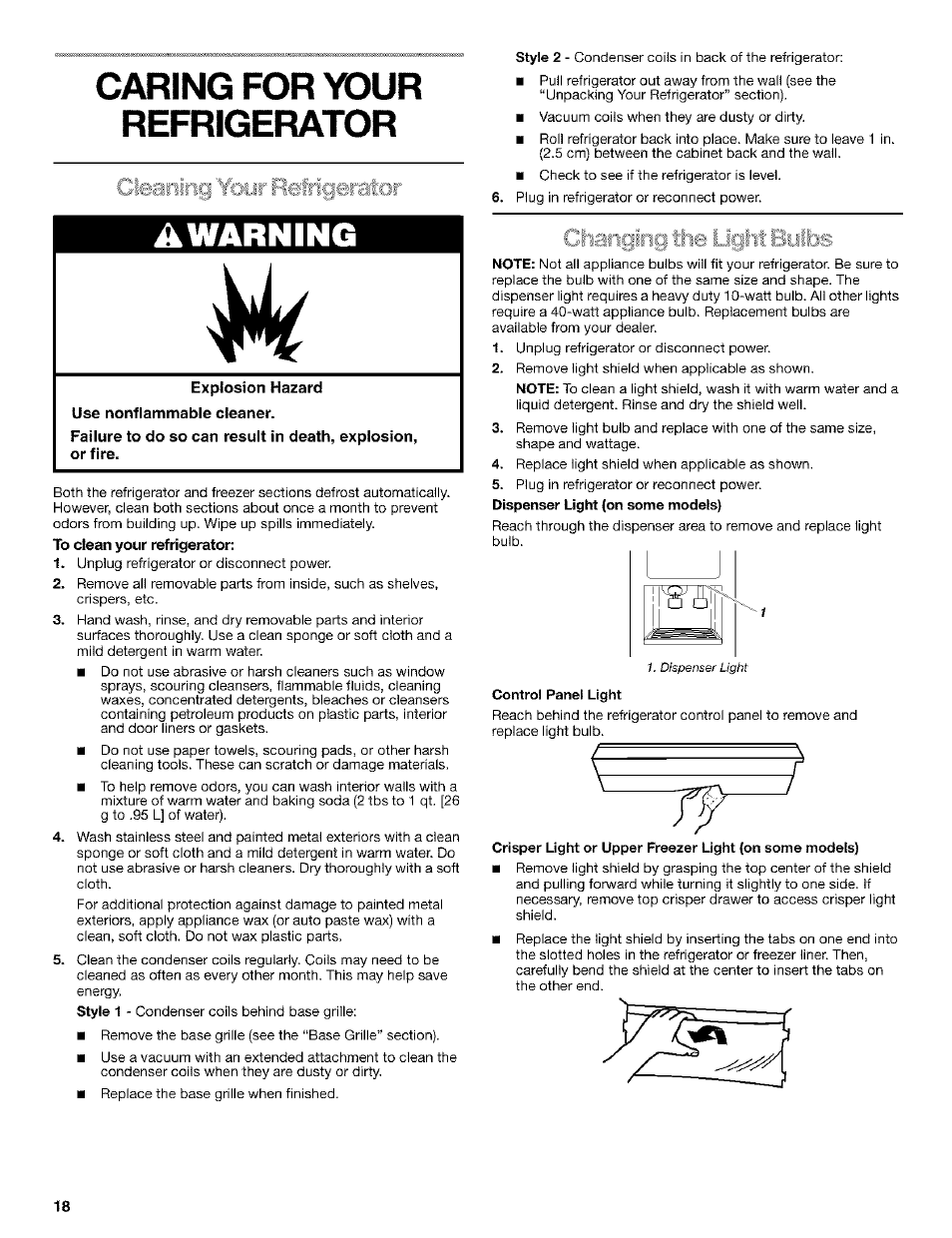 Caring for your refrigerator, Cleaning 'fmir refrigerator, To clean your refrigerator | Control panel light, Cleaning your refrigerator, Awarning, Heiric|iriç| th, Tiiiltis | Kenmore Coldspot 106 User Manual | Page 18 / 76