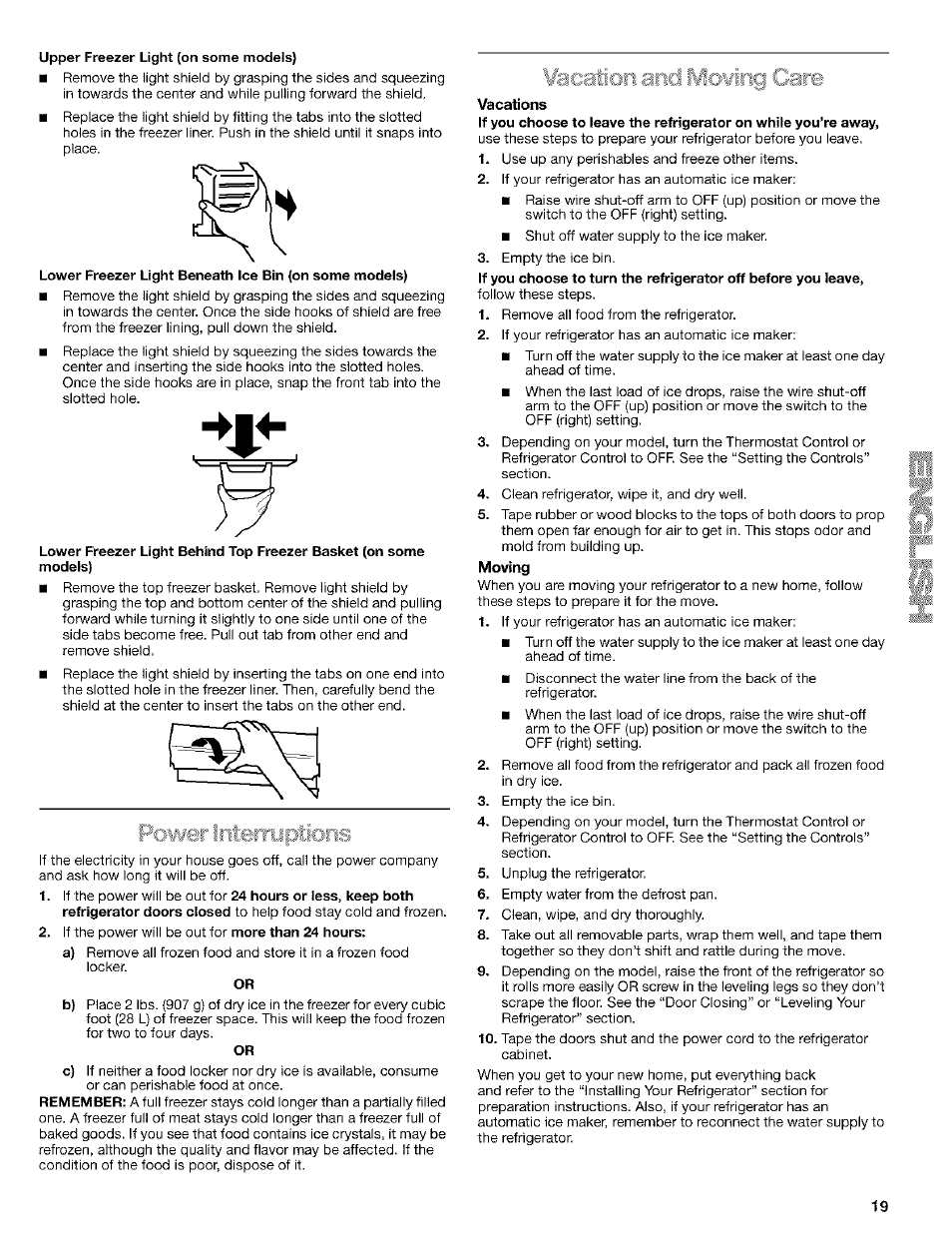 Vacations, Moving | Kenmore Coldspot 106 User Manual | Page 19 / 76