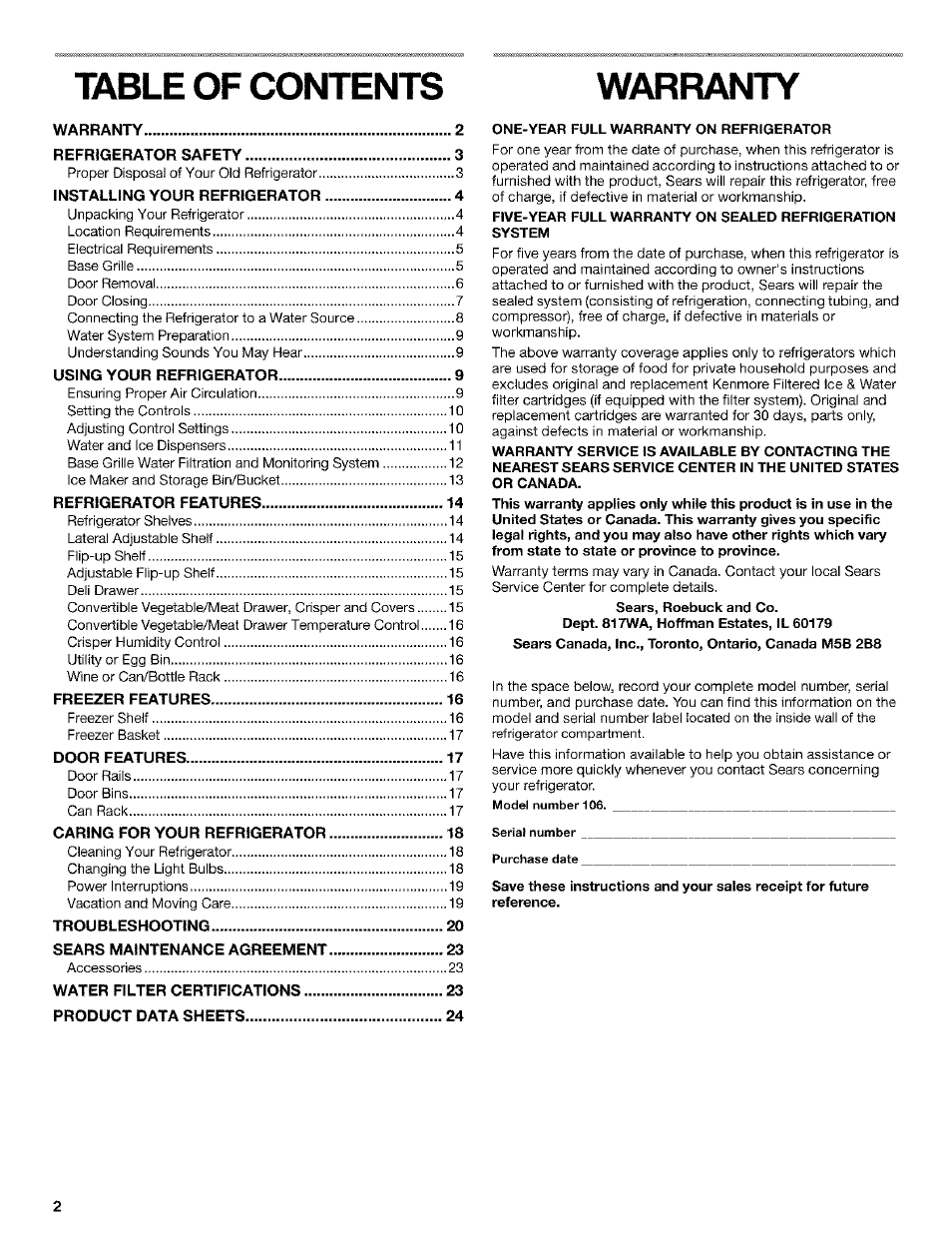 Kenmore Coldspot 106 User Manual | Page 2 / 76