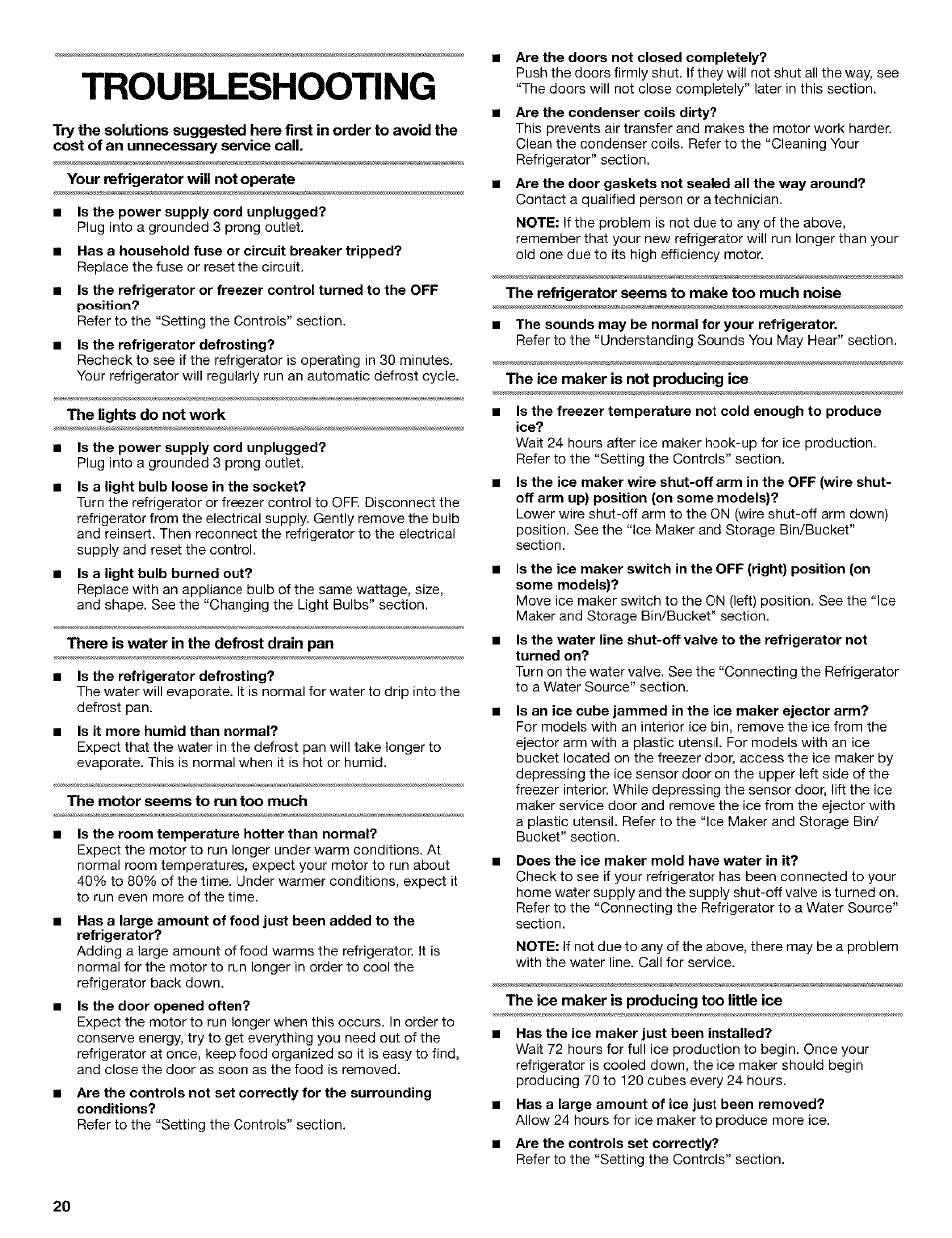 Troubleshooting, Your refrigerator will not operate, Is the power supply cord unplugged | Are the doors not closed completely, The refrigerator seems to make too much noise, The sounds may be normal for your refrigerator, The ice maker is not producing ice, Hie lights do not work, Hiere is water in the defrost drain pan, Is the refrigerator defrosting | Kenmore Coldspot 106 User Manual | Page 20 / 76