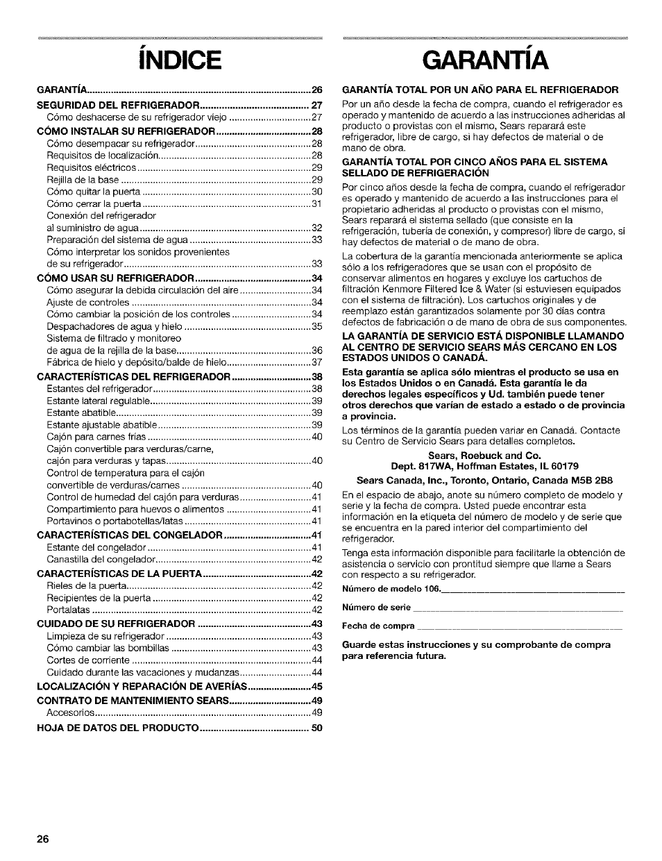 Garantia, Indice garantia | Kenmore Coldspot 106 User Manual | Page 26 / 76