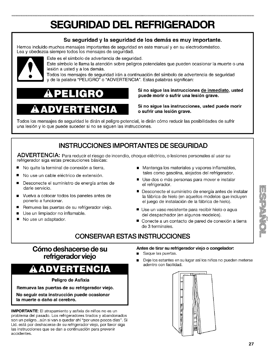 Seguridad del refrigerador, Cómo deshacerse de su refrigerador viejo, Aadvertencia | Peligro de asfixia, Antes de tirar su refrigerador \ñejo o congelador, Apeligro, Instrucciones importantes de seguridad, Conservar estas instrucciones | Kenmore Coldspot 106 User Manual | Page 27 / 76