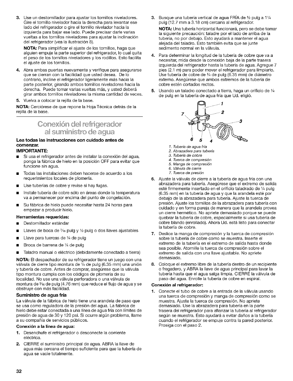 Importante, Suministro de agua fría, Nota | Kenmore Coldspot 106 User Manual | Page 32 / 76