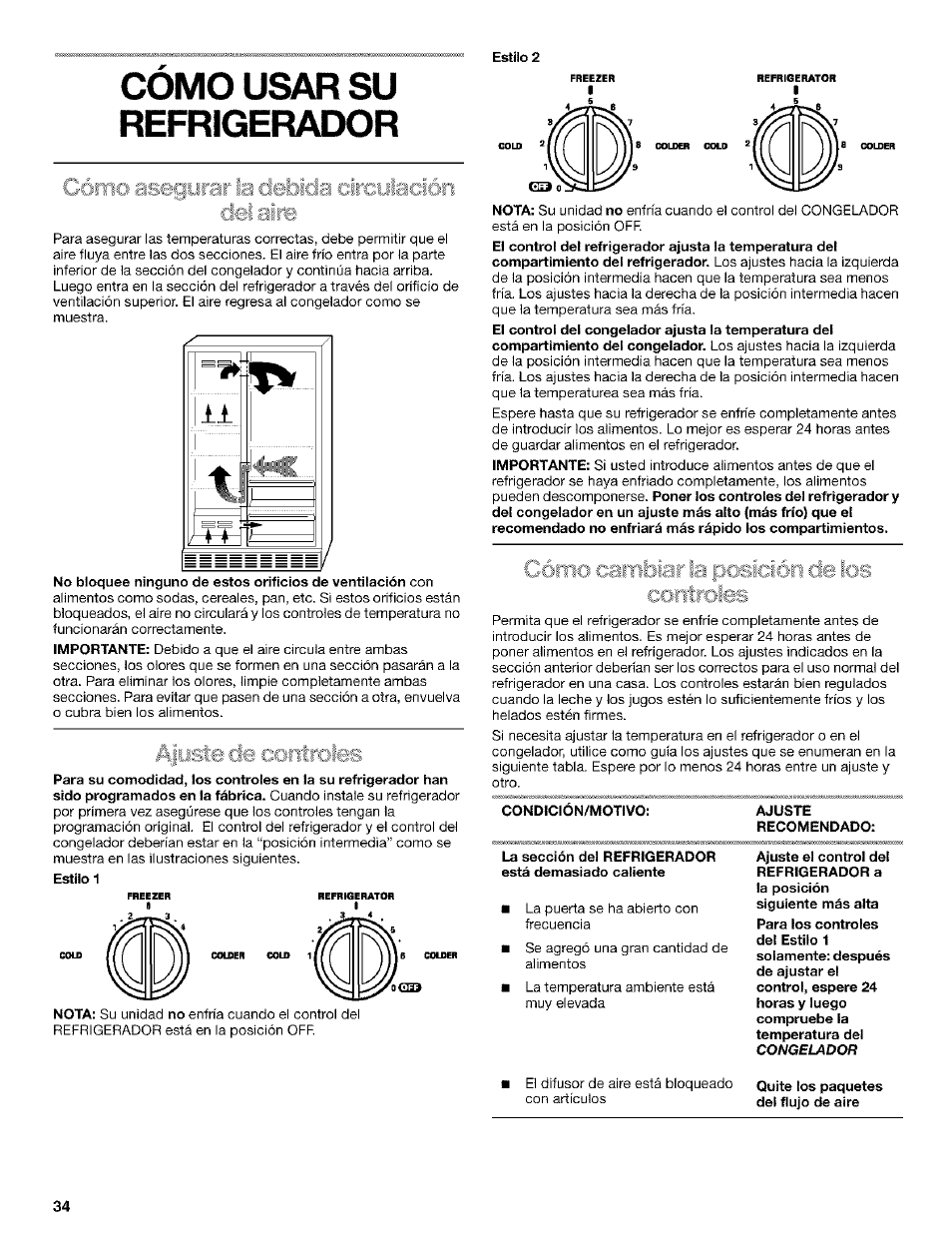 Como usar su refrigerador, Afuste de cotitroles, Ajuste | Recomendado, La sección del refrigerador, Ajuste de controles | Kenmore Coldspot 106 User Manual | Page 34 / 76