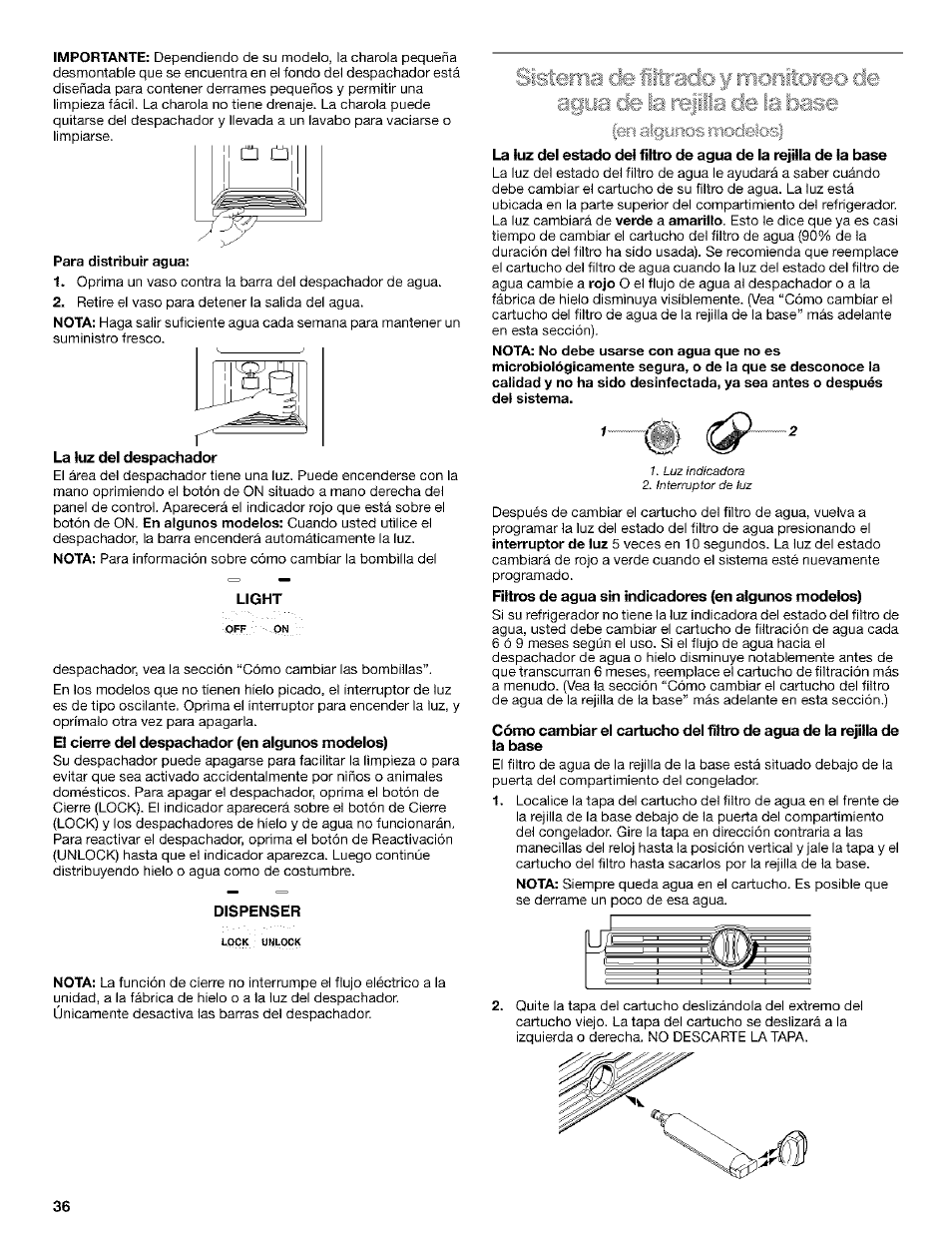 La luz del despachador, Light, El cierre del despachador (en algunos modelos) | Dispenser | Kenmore Coldspot 106 User Manual | Page 36 / 76