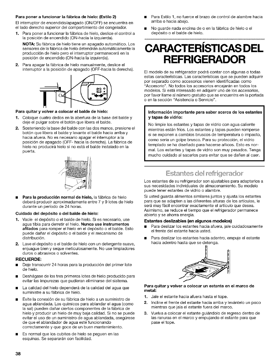 Recuerde, Refrigerador, Estantes deslizables (en algunos modelos) | Kenmore Coldspot 106 User Manual | Page 38 / 76