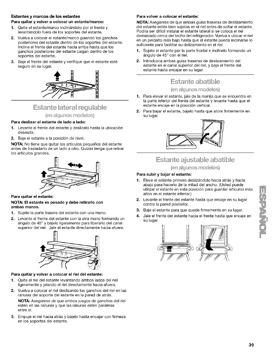 Estante lateral regylabie, Para deslizar el estante de lado a lado, Para quitar el estante | Para quitar y volver a colocar el riel del estante, Para volver a colocar el estante, Para subir y bajar el estante | Kenmore Coldspot 106 User Manual | Page 39 / 76