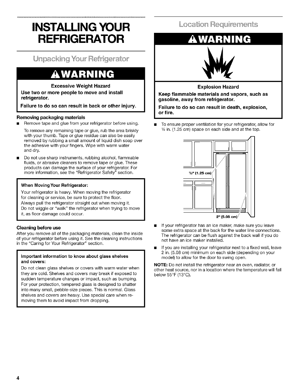 Installing your refrigerator, Unpacking 'four refrigerator, Awarning | Removing packaging materials, Cleaning before use, Ukm rec|ijirerrients, Unpacking your refrigerator | Kenmore Coldspot 106 User Manual | Page 4 / 76