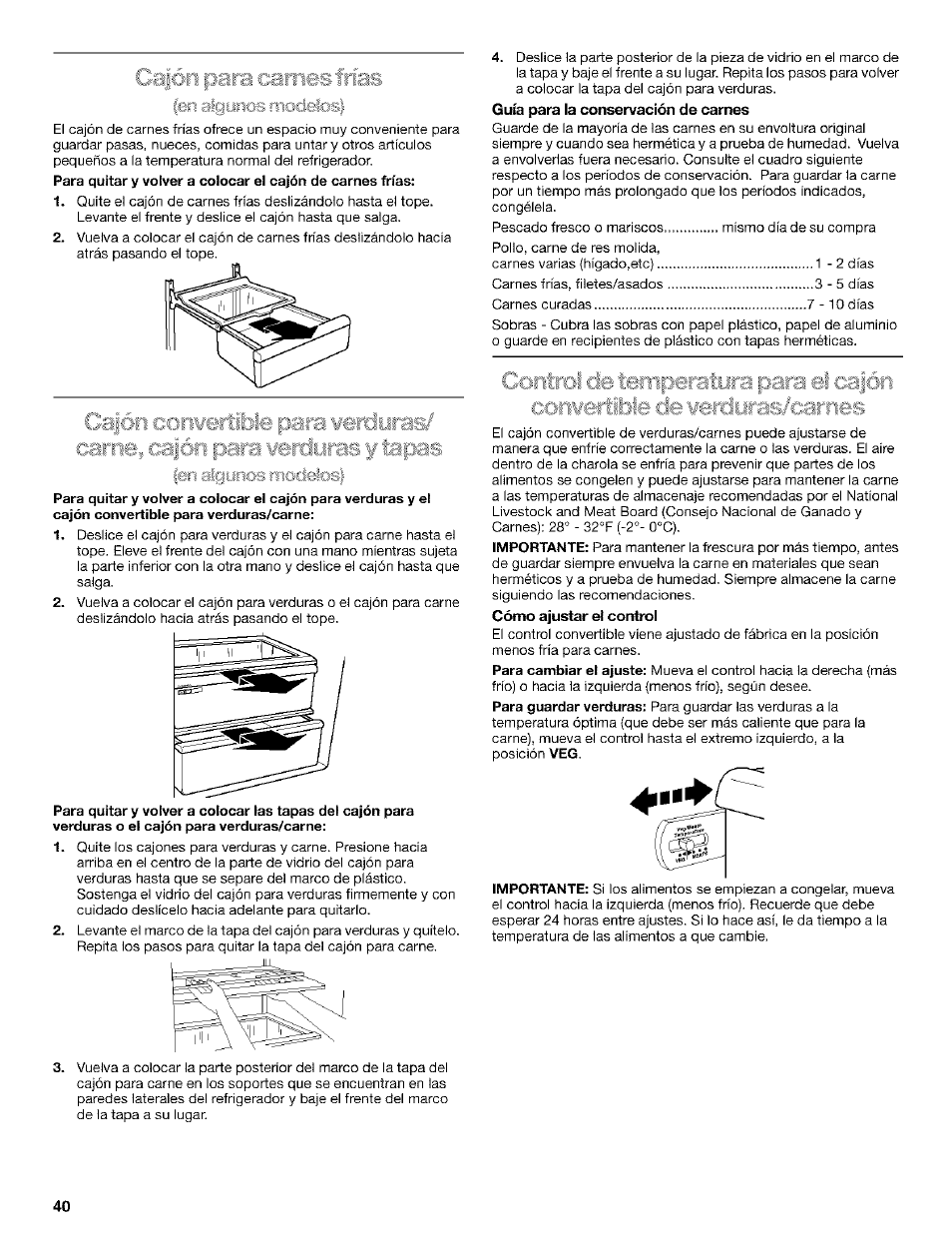 Cí^ón para carnes frías, Guía para la conservación de carnes, Cómo ajustar el control | Cajón para carnes frías, Ferì algynos modeíos | Kenmore Coldspot 106 User Manual | Page 40 / 76