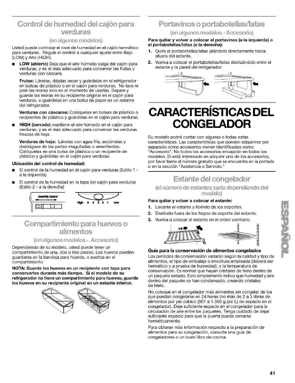 Ubicación del control de humedad, Caracteristicas del congelador, Para quitar y volver a colocar el estante | Guía para la conservación de alimentos congelados, Características del refrigerador, Irtabt | Kenmore Coldspot 106 User Manual | Page 41 / 76