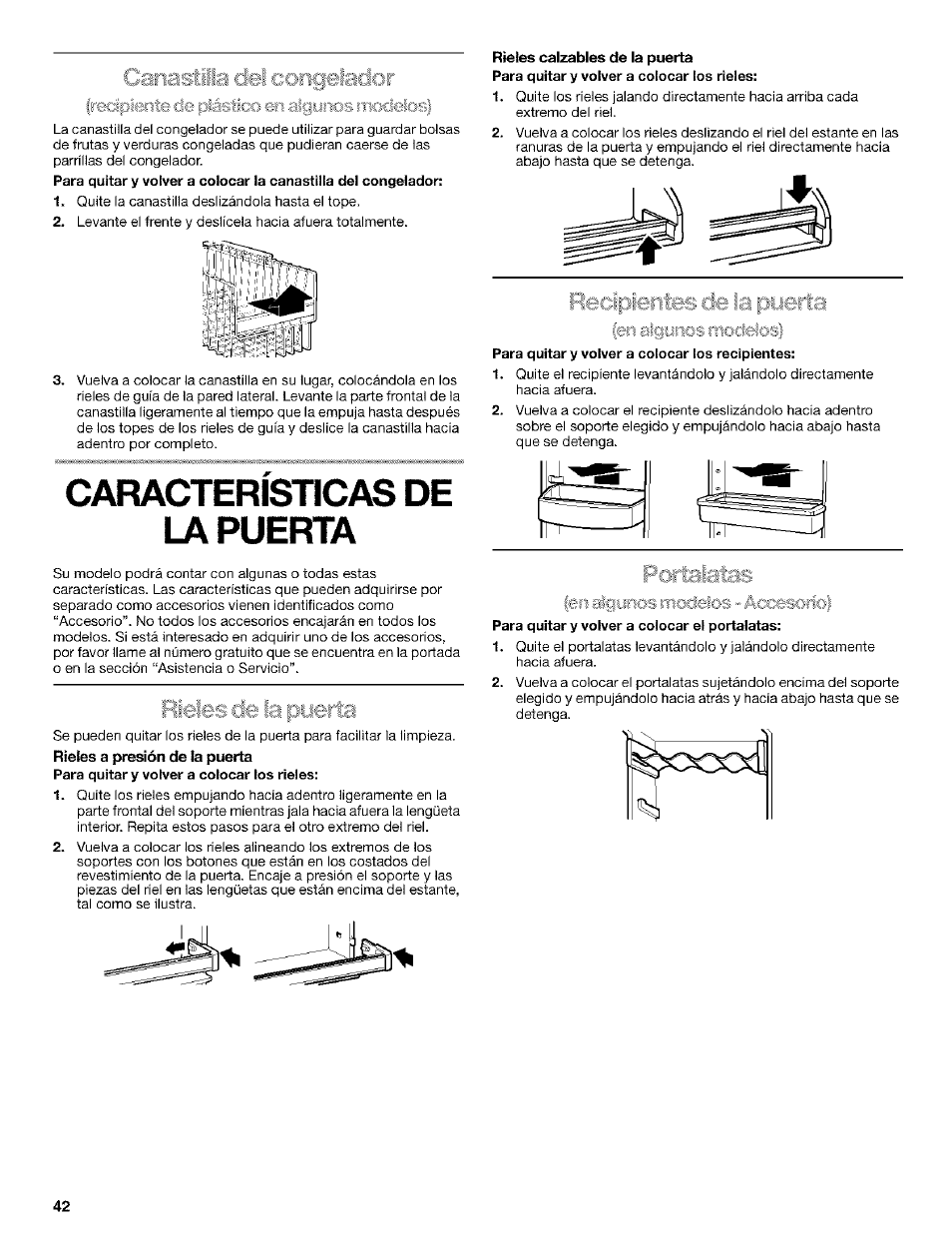 Canaslila del congelador, Características de la puerta, Rieles a presión de la puerta | Щшжёвв de ii:" ■; ■■metta, Portalaías, Canastilla del congelador, Portalatas | Kenmore Coldspot 106 User Manual | Page 42 / 76