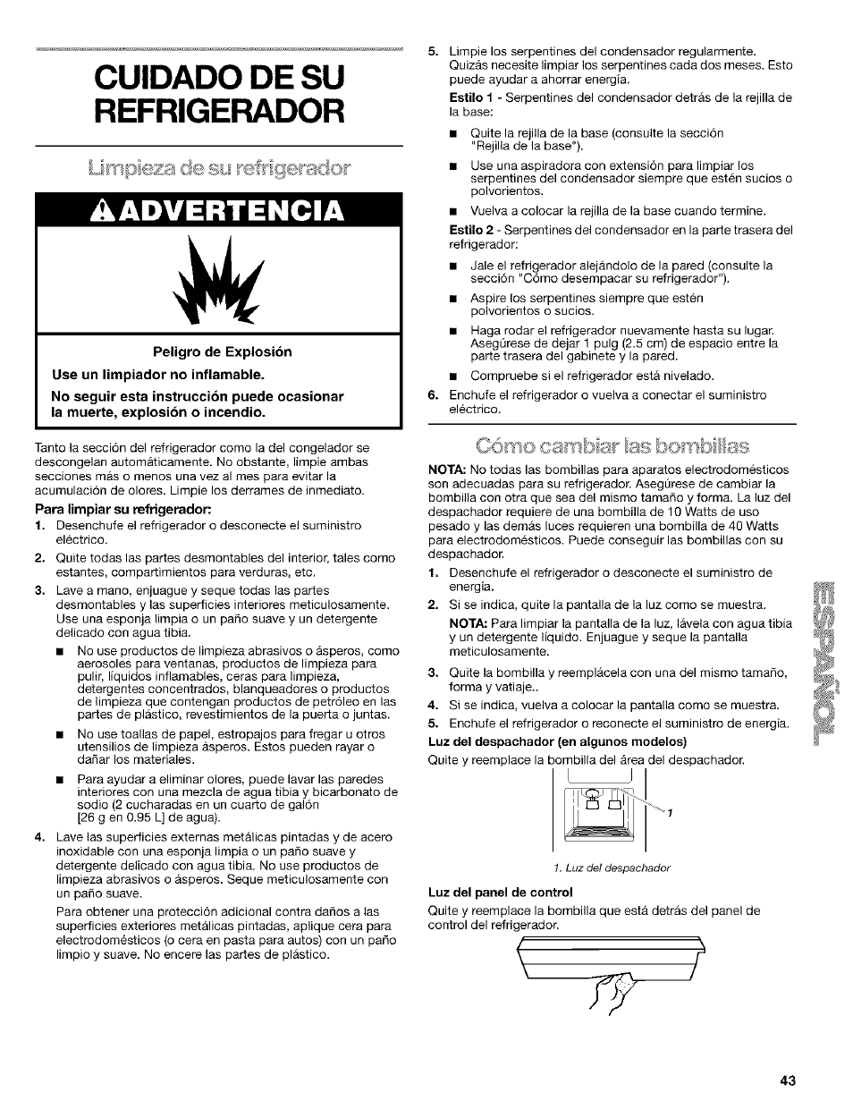 Para limpiar su rslngerador, Cuidado de su refrigerador, Aadvertencia | Kenmore Coldspot 106 User Manual | Page 43 / 76