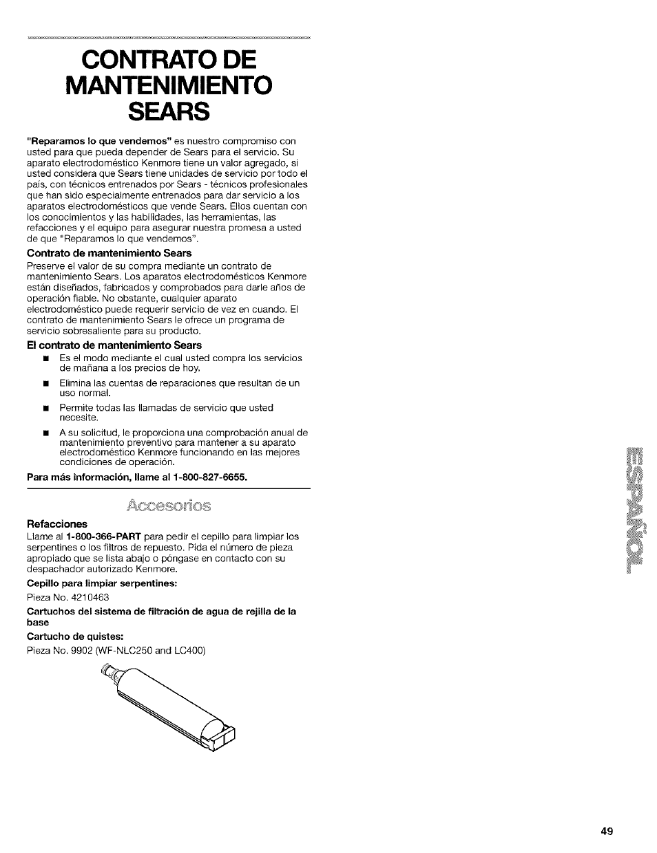 Contrato de mantenimiento sears, El contrato de mantenimiento sears, Refacciones | Kenmore Coldspot 106 User Manual | Page 49 / 76