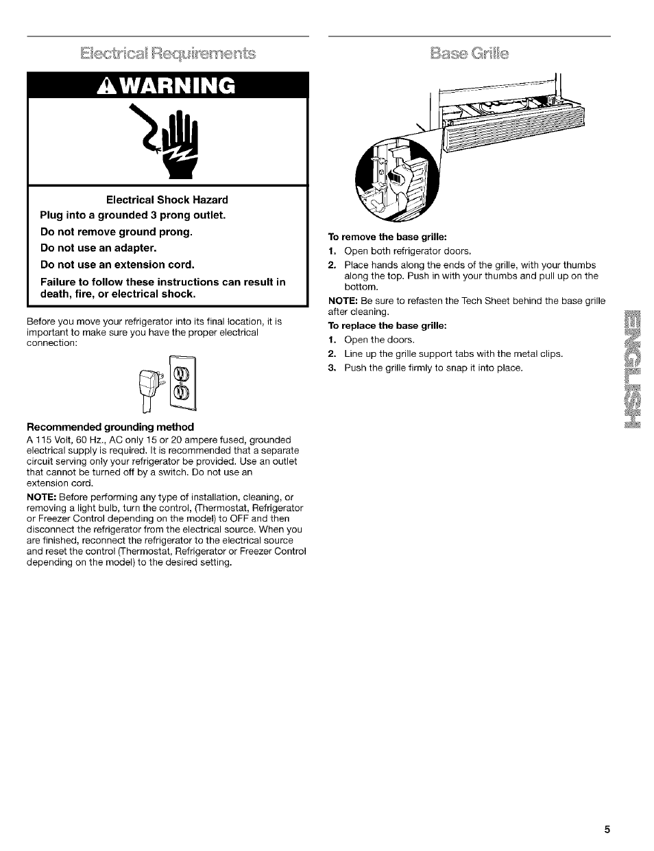 Awarning, Recommended grounding method, To remove the base grille | Kenmore Coldspot 106 User Manual | Page 5 / 76