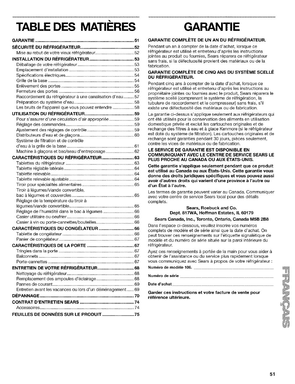 Table des matieres, Table des matieres garantie | Kenmore Coldspot 106 User Manual | Page 51 / 76