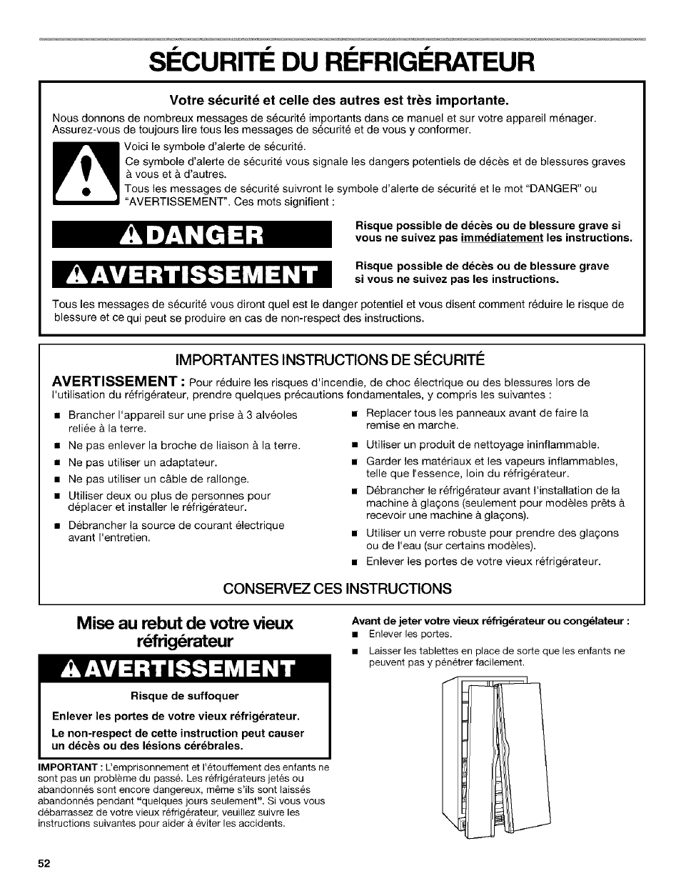 Securite du refrigerateur, Adanger, Avertissement | Mise au rebut de votre vieux réfrigérateur, A avertissement, Risque de suffoquer | Kenmore Coldspot 106 User Manual | Page 52 / 76