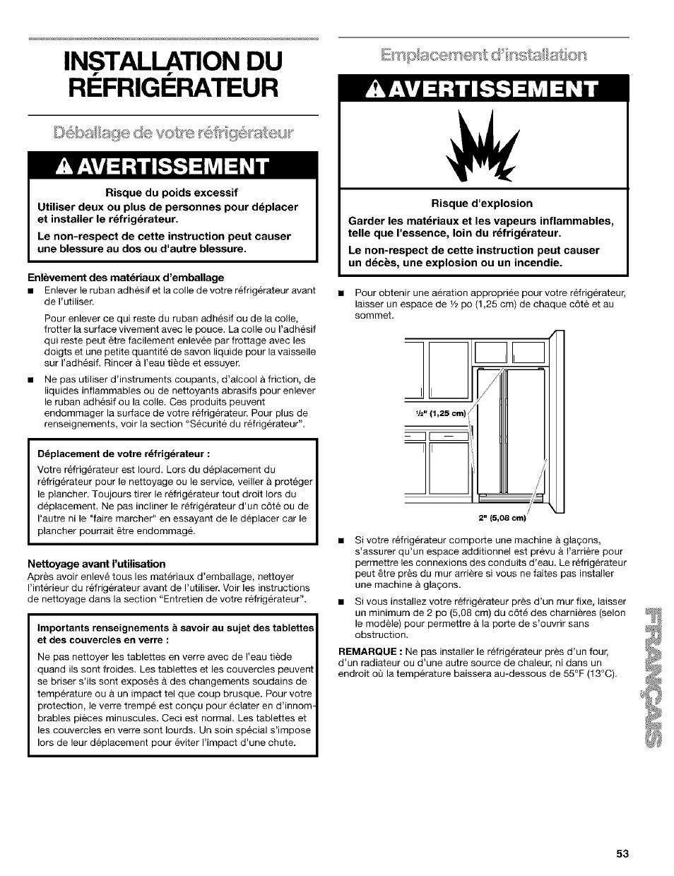 Refrigerateur, Déballage de wotre réfrigérateor, A avertissement | Enlèvement des matériaux d’emballage, Nettoyage avant l’utilisation, Erri|:ilî3c, Avertissement, Risque d'explosion, Débaliage de votre réfrigérateur, Du refrigerateur | Kenmore Coldspot 106 User Manual | Page 53 / 76