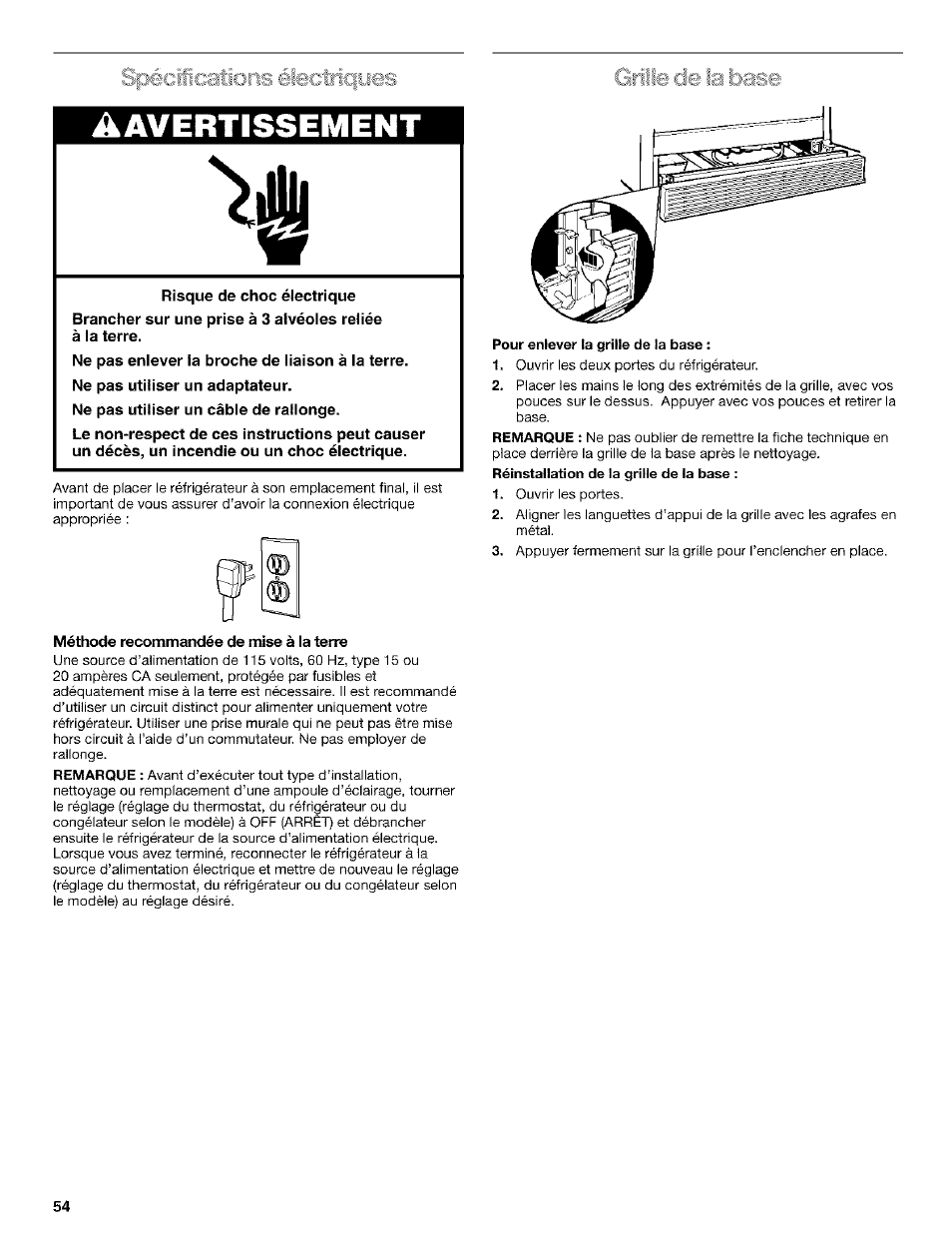 Spécficatioris électriques, A avertissement, Méthode recommandée de mise à la terre | Pour enlever la grille de la base, Spécifications éiectriques, Spécficatioris électriques srille de la base | Kenmore Coldspot 106 User Manual | Page 54 / 76