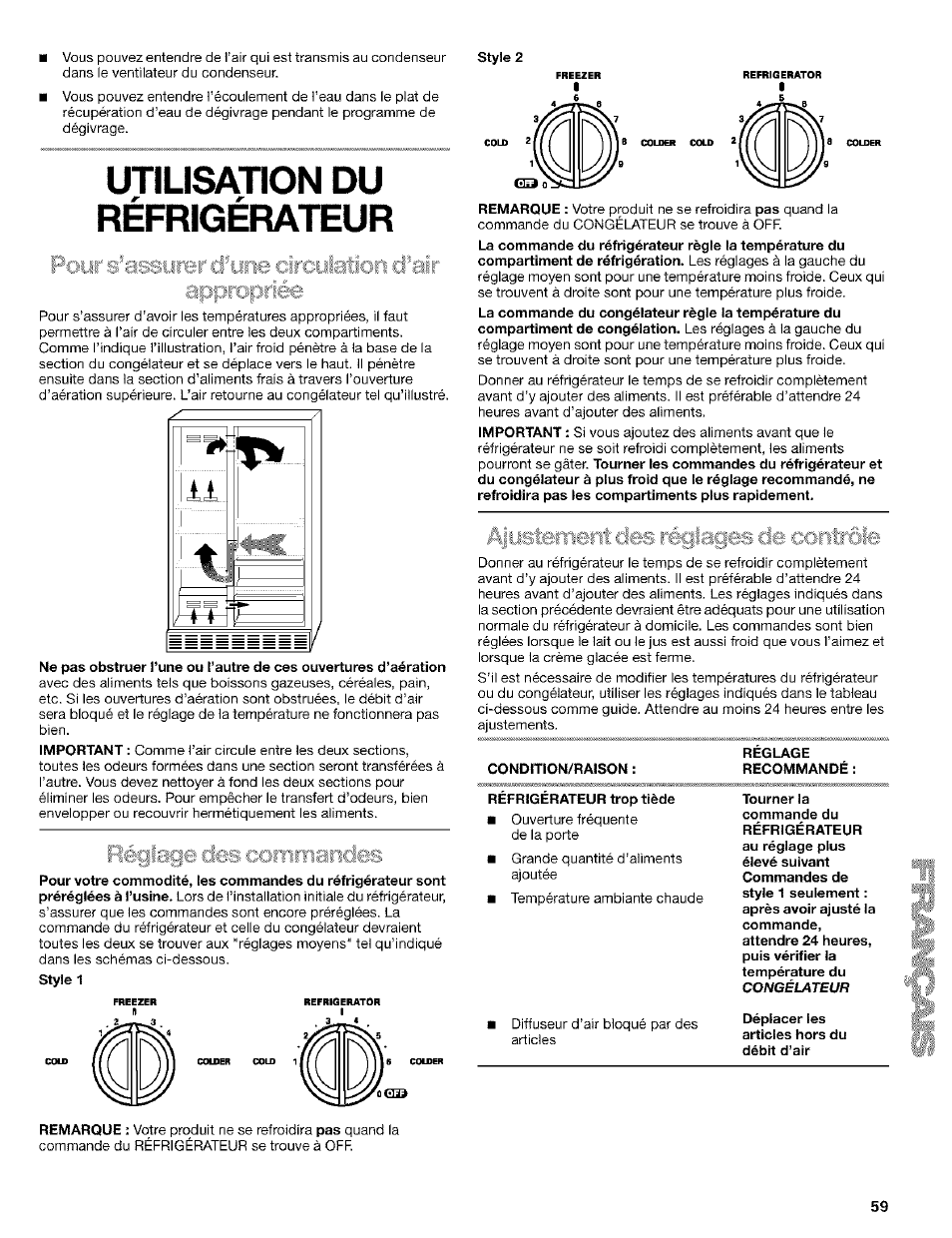 Ujilisajion du, Style 2, Cqndition/raison | Reglage recommandé, Réfrigérateur | Kenmore Coldspot 106 User Manual | Page 59 / 76