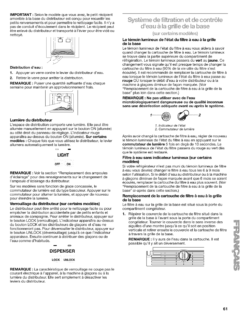 Distribution d’eau, Lumière du distributeur, Light | Dispenser, Slèr' - ...fl et de contrôle, D*eao à la grille de la base, D’eau à la grille de la base | Kenmore Coldspot 106 User Manual | Page 61 / 76