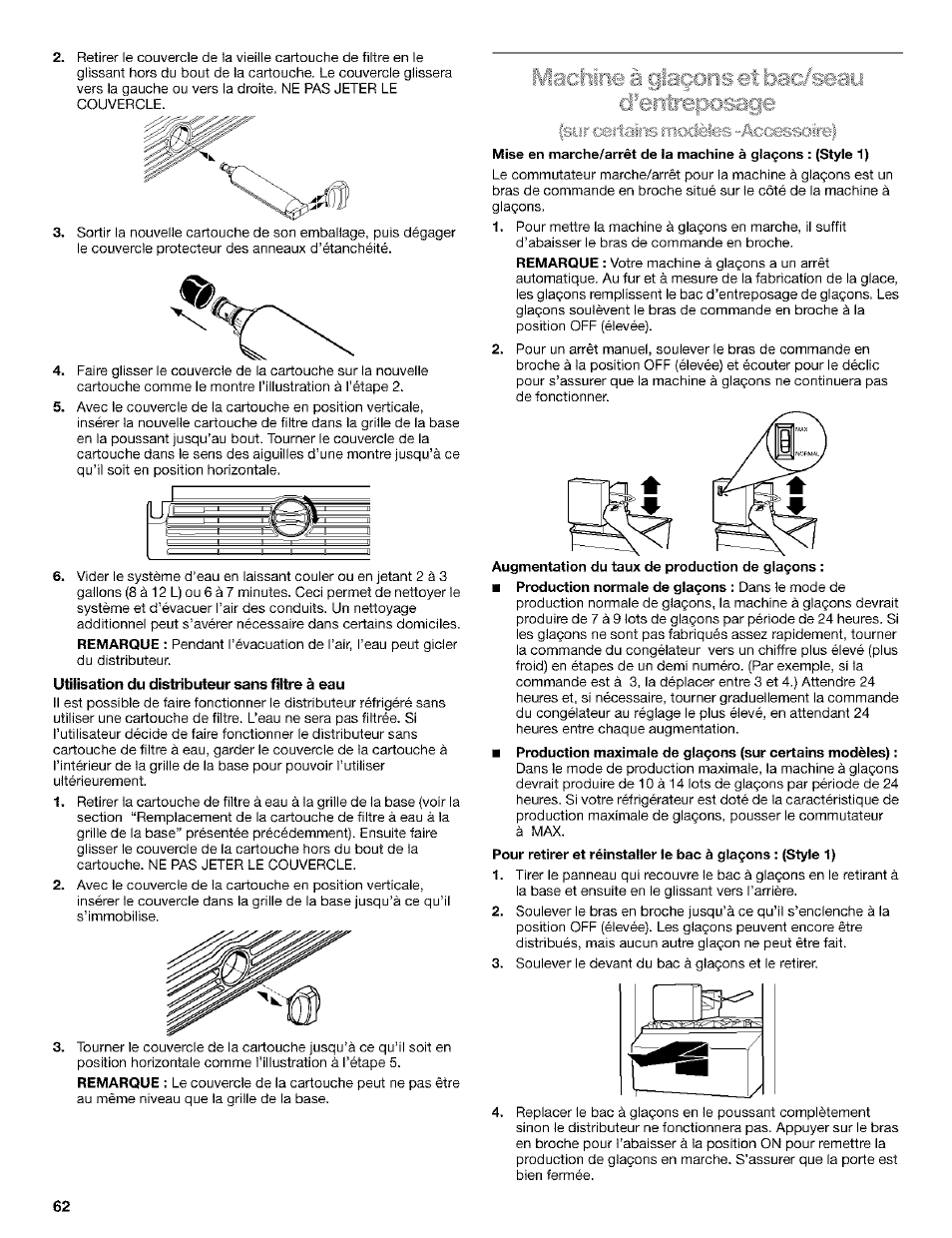 Utilisation du distributeur sans filtre à eau | Kenmore Coldspot 106 User Manual | Page 62 / 76