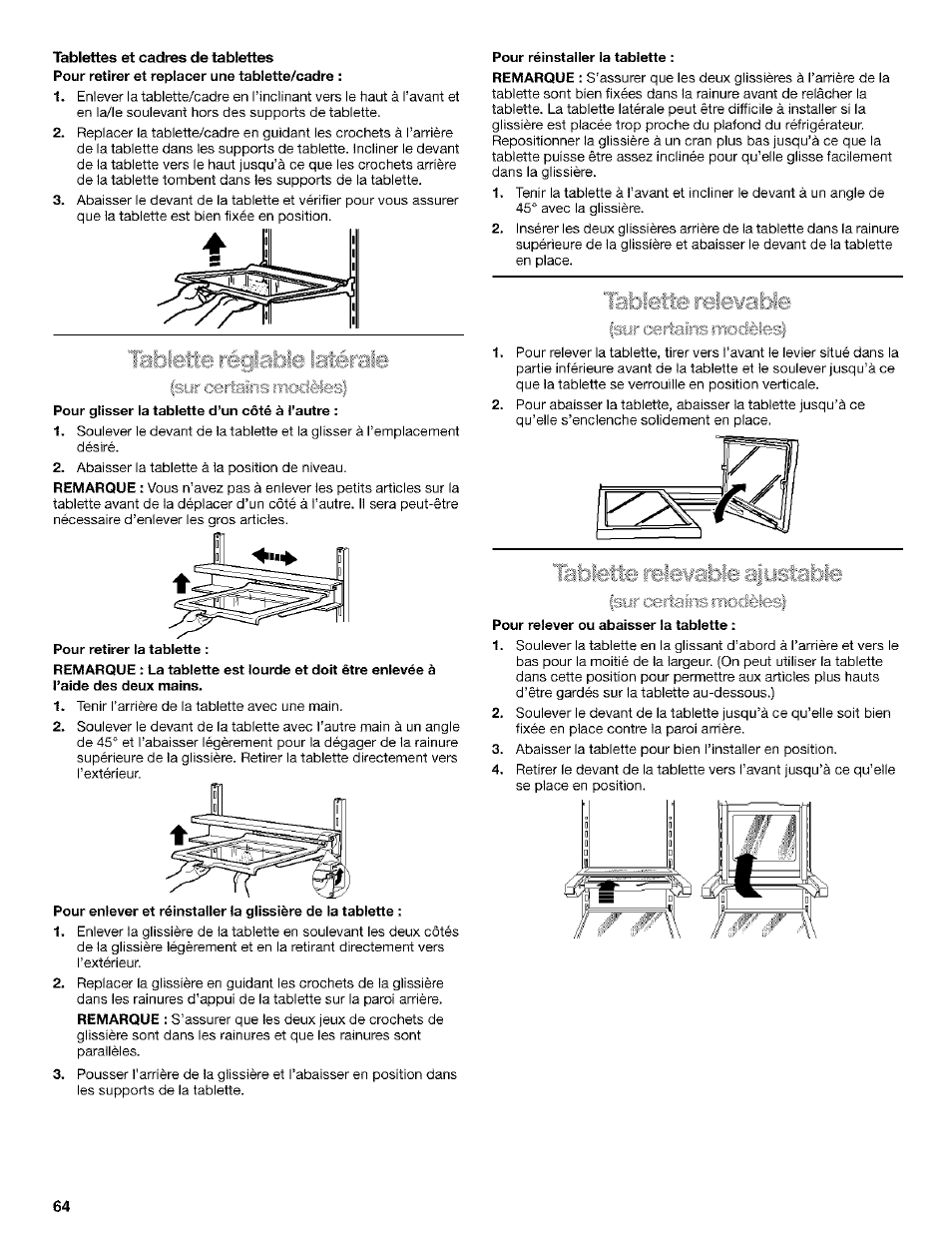 Pour glisser la tablette d’un côté à l'autre, Pour retirer la tablette, Lablette relewable | Labletlb releí'.-it: ^■■:,■■jstable, Pour relever ou abaisser la tablette | Kenmore Coldspot 106 User Manual | Page 64 / 76