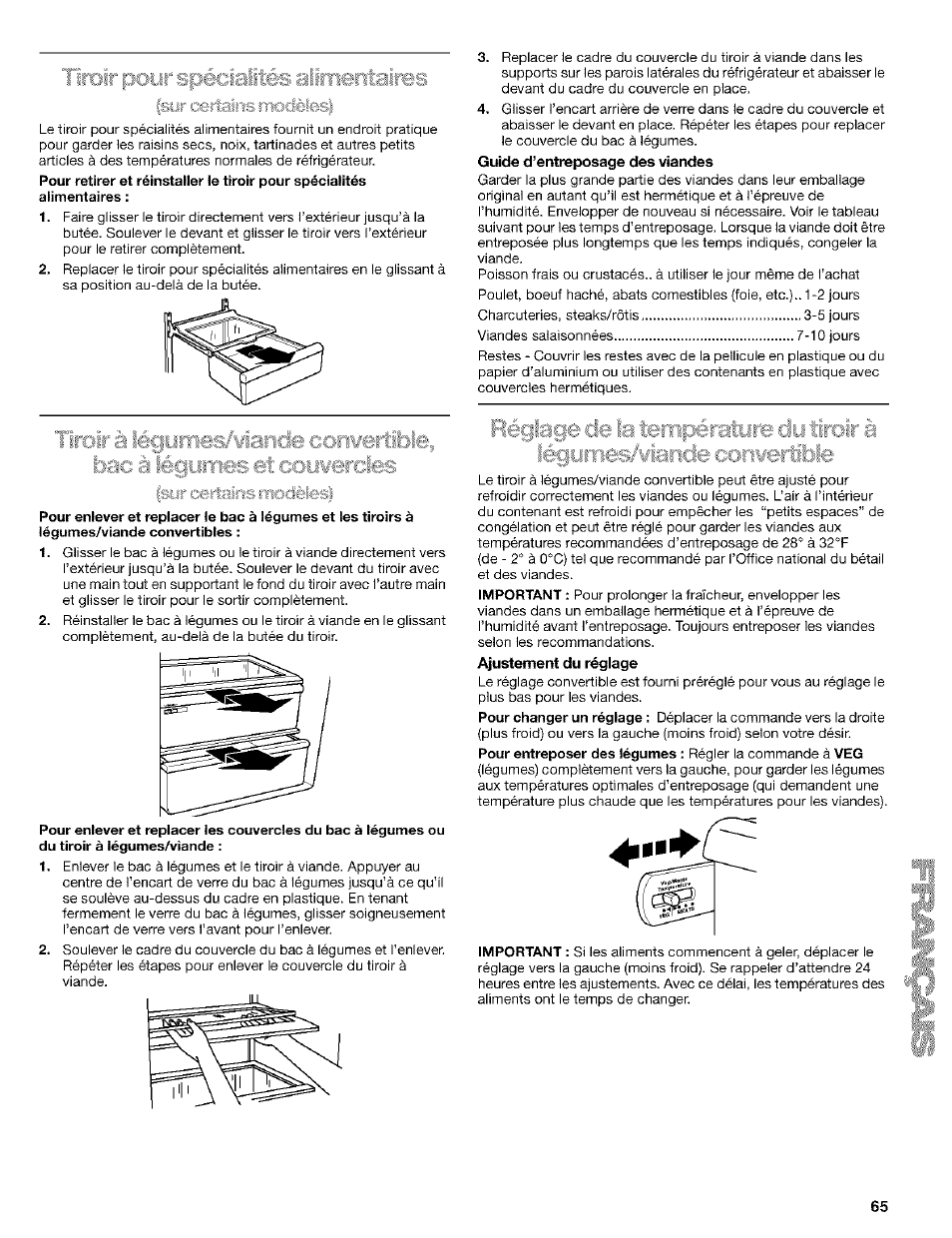 Guide d’entreposage des tâandes, Ajustement du réglage, Roí alites | Kenmore Coldspot 106 User Manual | Page 65 / 76