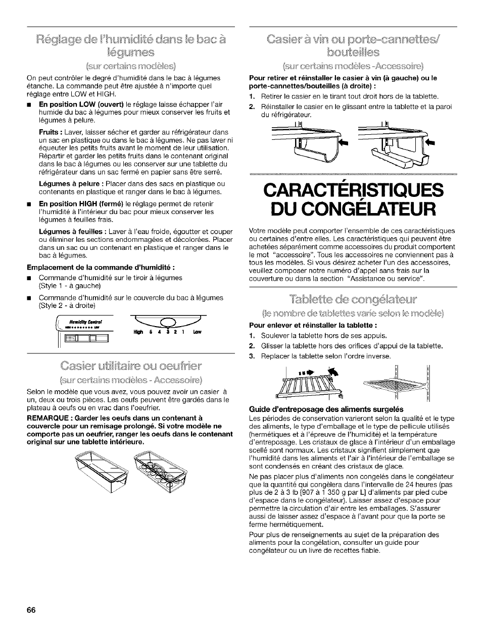 Légumes, Caracteristiques du congélateur, Corifiélateur | Pour enlever et réinstaller la tablette, Guide d’entreposage des aliments surgelés, Caractéristiques du congélateur | Kenmore Coldspot 106 User Manual | Page 66 / 76