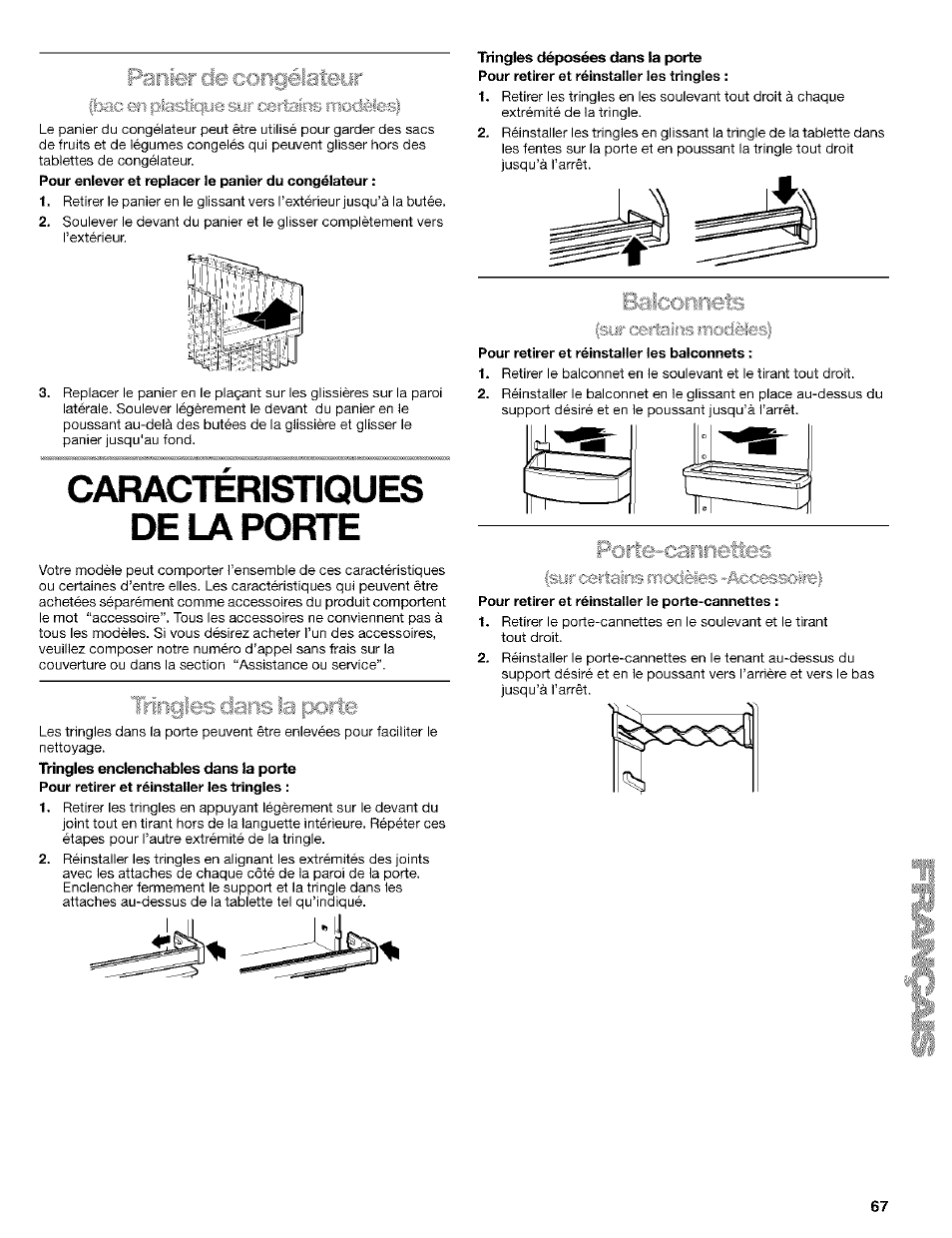 Panier de congélateyr, Caracteristiques de la porte, Iriricsli | Tringles enclenchables dans la porte, Tringles déposées dans la porte, Balconriefe, Pour retirer et réinstaller les balconnets r, Tabiette de congélateur, Caractéristiques de la porte, Tringles dans la porte | Kenmore Coldspot 106 User Manual | Page 67 / 76