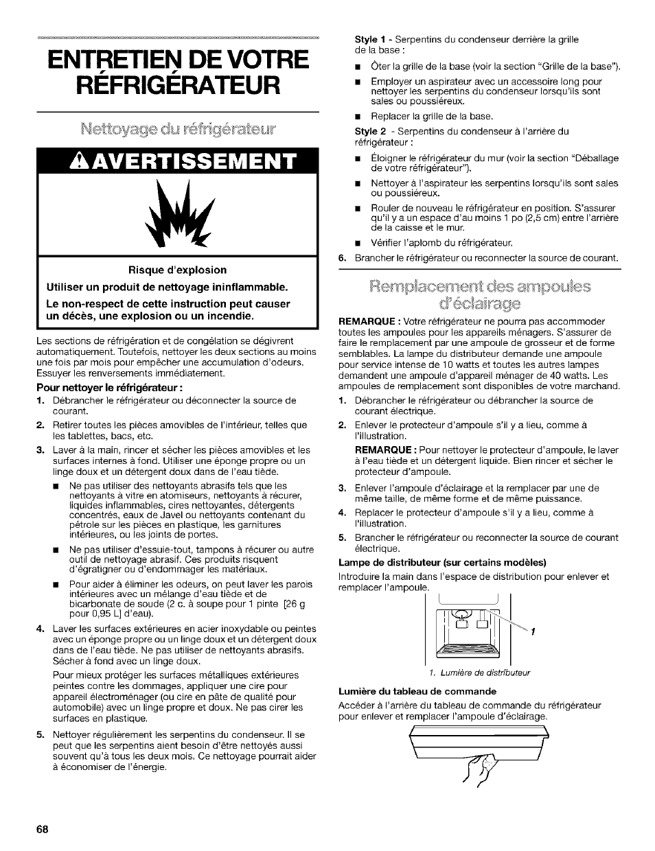 Entretien de votre réfrigérateur, Nettoyage cjy réêigérateur, Avertissement | Pour nettoyer ie réfrigérateur, Lampe de distributeur (sur certains modèles), Nettoyage du réfrigérateur | Kenmore Coldspot 106 User Manual | Page 68 / 76