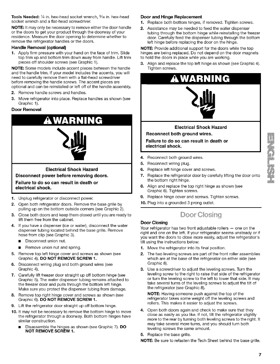 Handle removal (optional), Door removal, Warning | Door and hinge replacement, Awarning, Door closing | Kenmore Coldspot 106 User Manual | Page 7 / 76