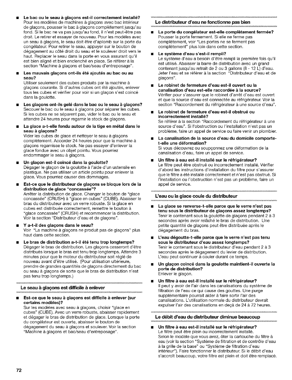 Le seau à glaçons est difficile à enlever, Le distributeur d’eau ne fonctionne pas bien, L’eau ou la glace coule du distributeur | Le débit d’eau du distributeur diminue beaucoup | Kenmore Coldspot 106 User Manual | Page 72 / 76