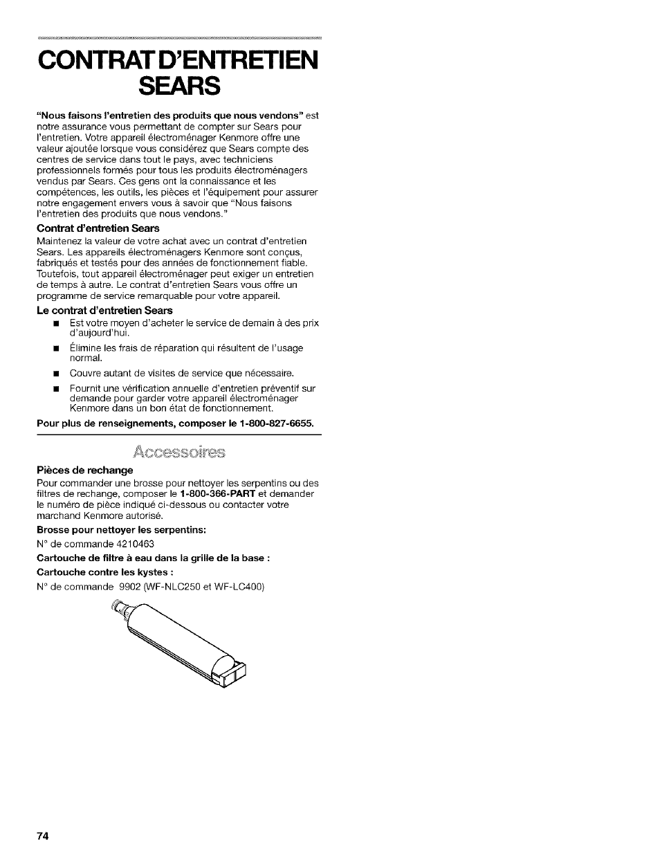 Contrat d’entreren sears, Contrat d’entretien sears, Le contrat d’entretien sears | Pièces de rechange | Kenmore Coldspot 106 User Manual | Page 74 / 76