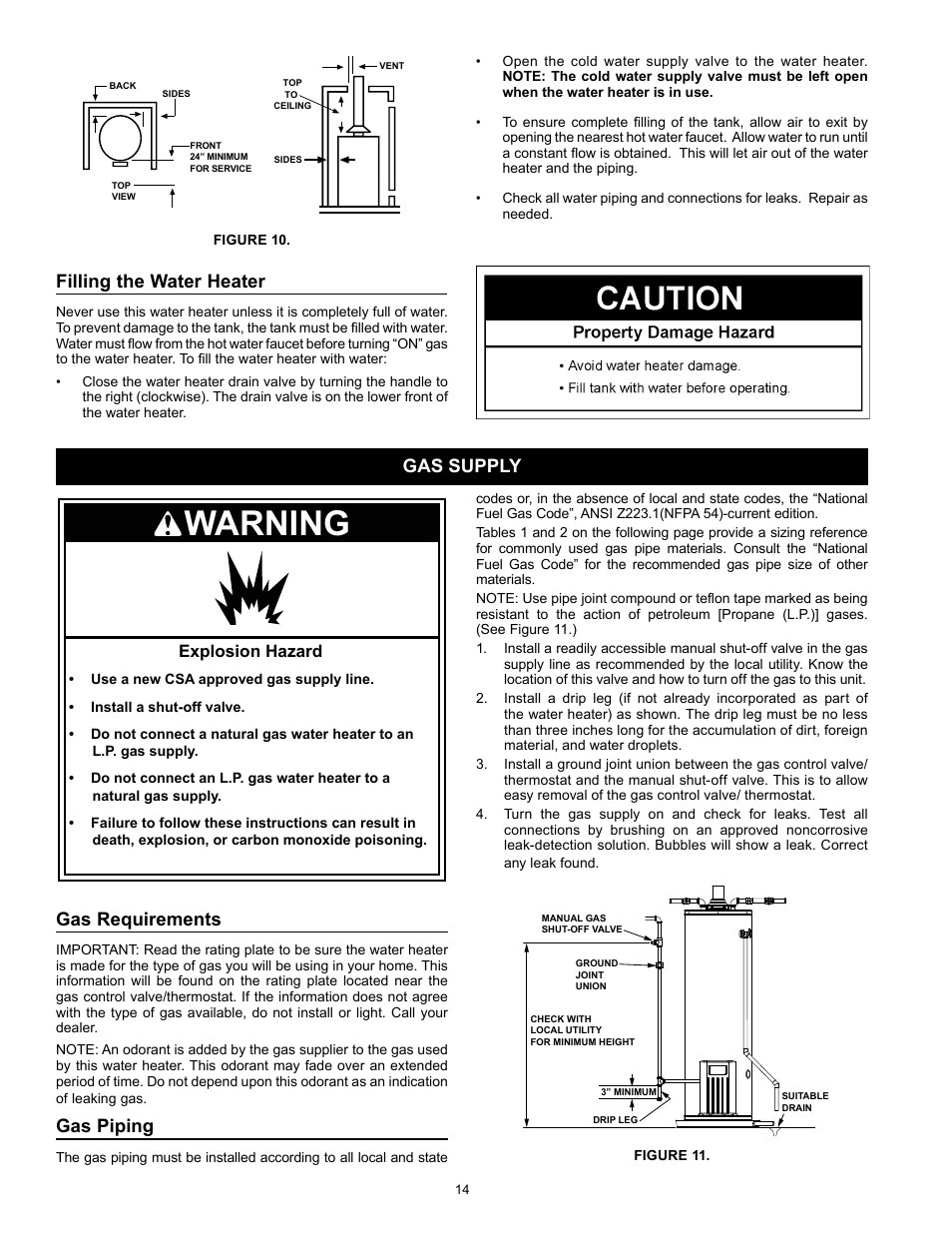 Warning, Filling the water heater, Gas requirements | Gas piping, Gas supply, Explosion hazard | Kenmore 153.331572 User Manual | Page 14 / 40