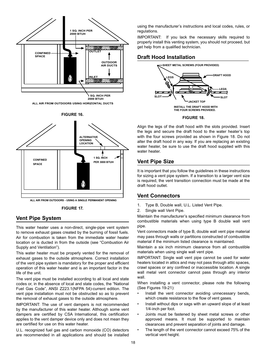 Vent pipe system, Draft hood installation, Vent pipe size | Vent connectors | Kenmore 153.331572 User Manual | Page 18 / 40