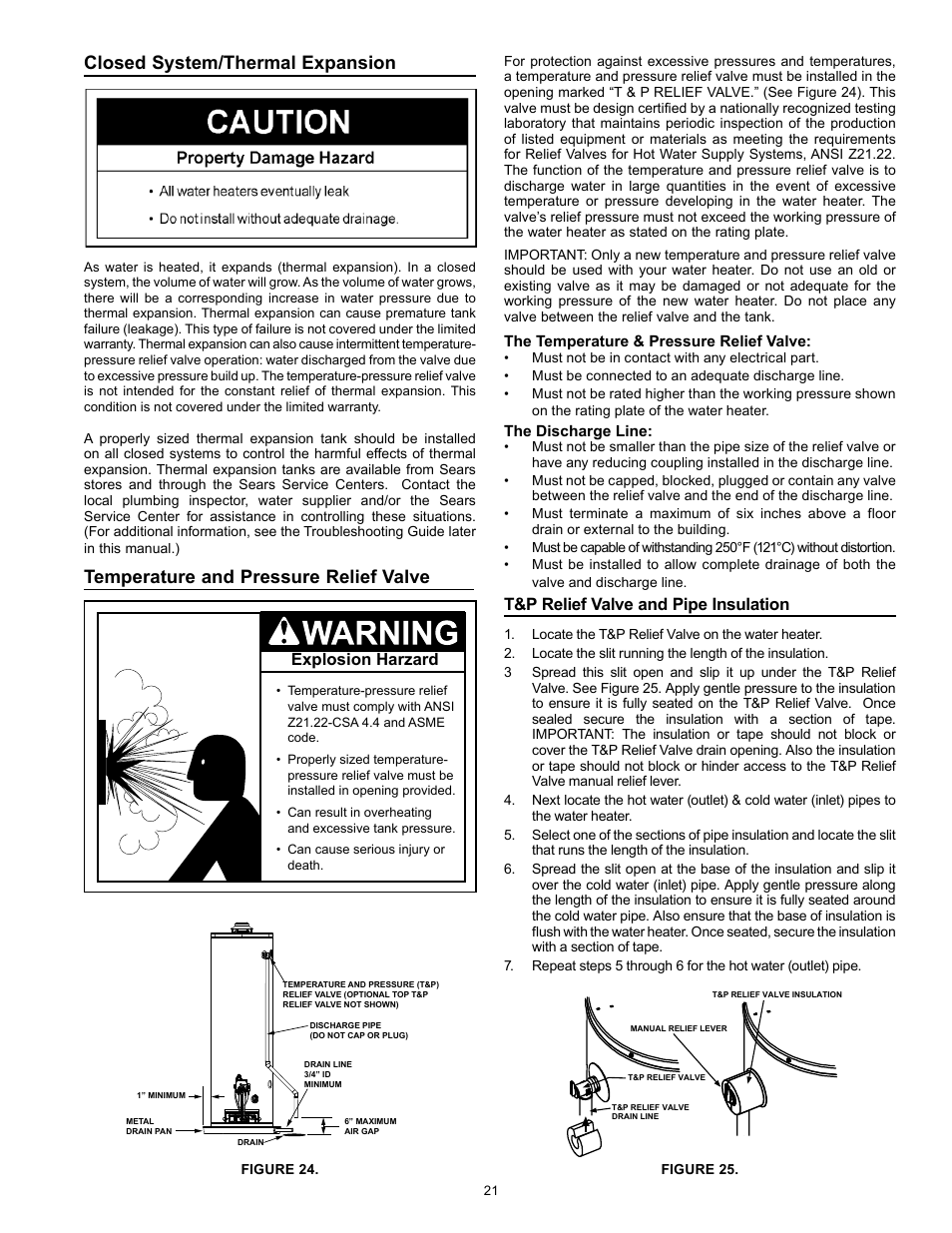 Closed system/thermal expansion, Temperature and pressure relief valve, T&p relief valve and pipe insulation | Kenmore 153.331572 User Manual | Page 21 / 40