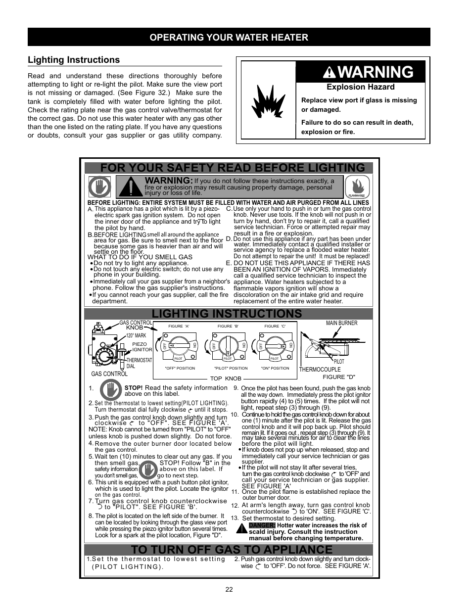 Warning, For your safety read before lighting, Lighting instructions | Operating your water heater, Explosion hazard | Kenmore 153.331572 User Manual | Page 22 / 40