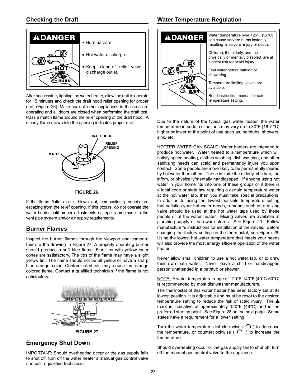 Checking the draft, Burner flames, Emergency shut down | Water temperature regulation | Kenmore 153.331572 User Manual | Page 23 / 40