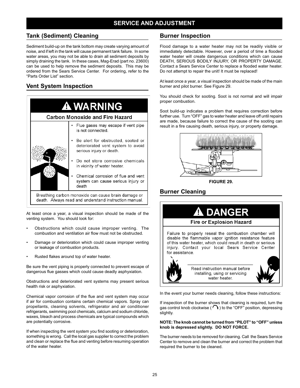 Service and adjustment tank (sediment) cleaning, Vent system inspection, Burner inspection | Burner cleaning | Kenmore 153.331572 User Manual | Page 25 / 40