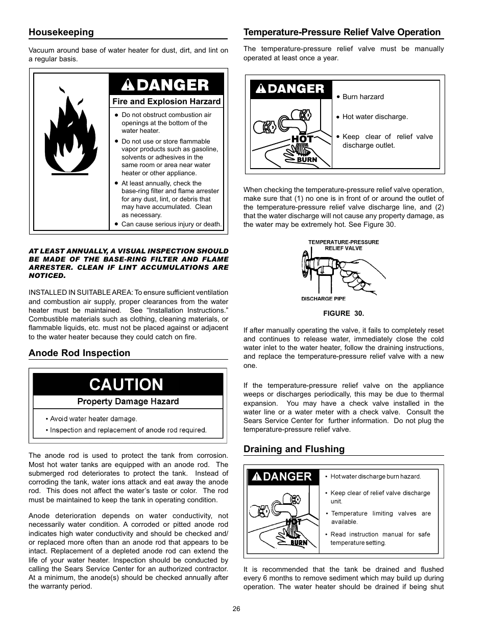 Housekeeping, Anode rod inspection, Temperature-pressure relief valve operation | Draining and flushing | Kenmore 153.331572 User Manual | Page 26 / 40