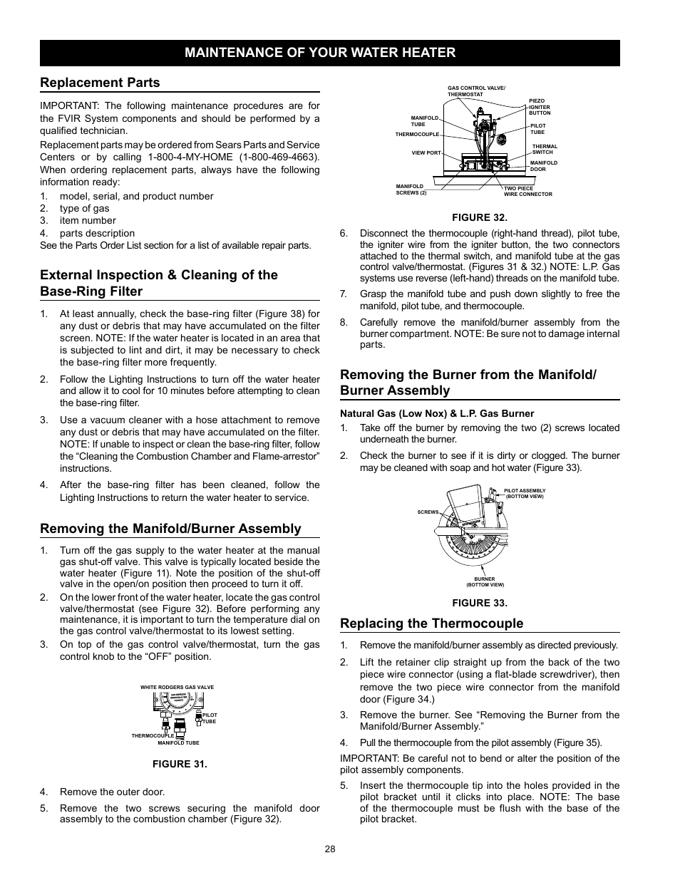 Maintenance of your water heater replacement parts, Removing the manifold/burner assembly, Replacing the thermocouple | Kenmore 153.331572 User Manual | Page 28 / 40