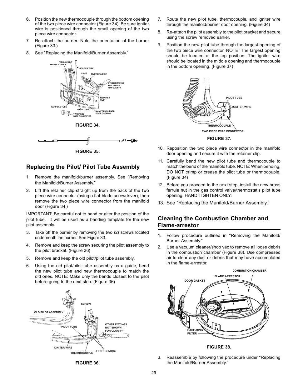 Cleaning the combustion chamber and flame-arrestor, Replacing the pilot/ pilot tube assembly | Kenmore 153.331572 User Manual | Page 29 / 40