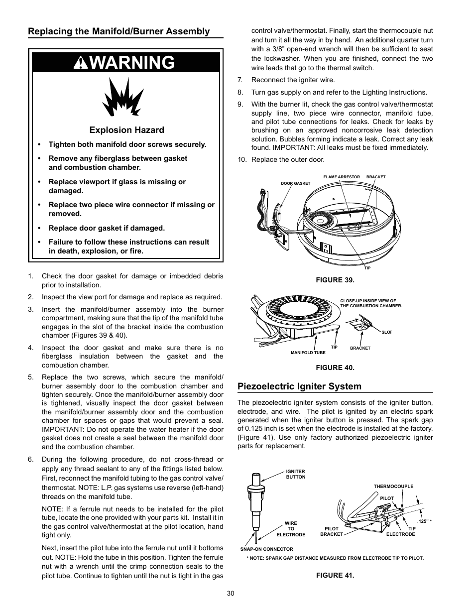 Warning, Piezoelectric igniter system, Replacing the manifold/burner assembly | Explosion hazard | Kenmore 153.331572 User Manual | Page 30 / 40