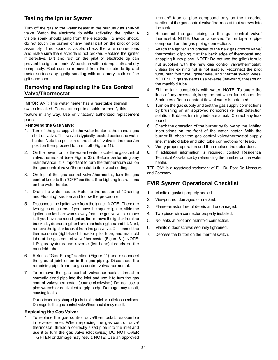 Fvir system operational checklist, Testing the igniter system | Kenmore 153.331572 User Manual | Page 31 / 40