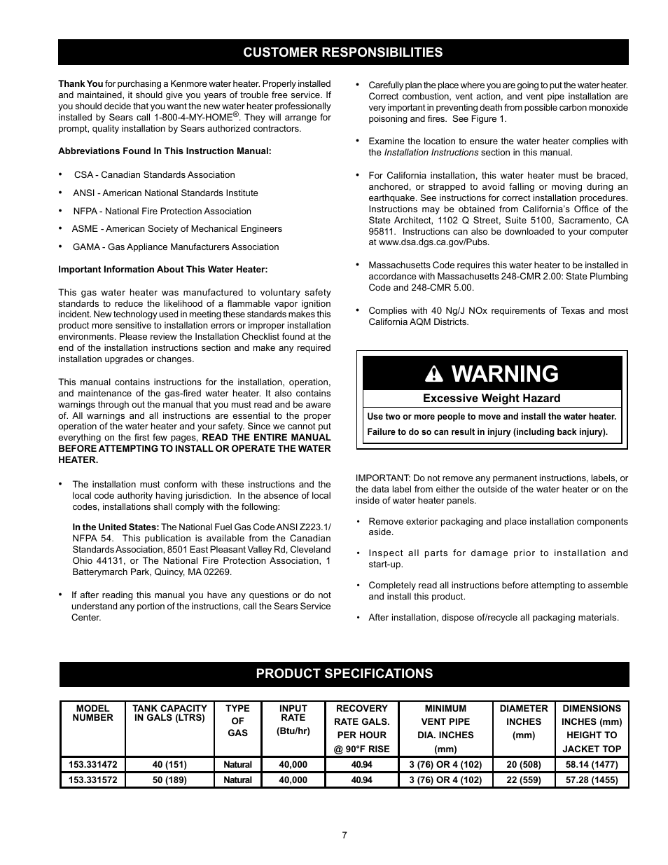 Warning, Customer responsibilities, Product specifications | Kenmore 153.331572 User Manual | Page 7 / 40